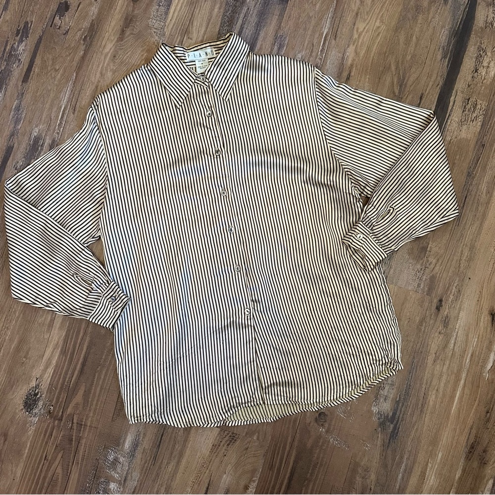 VTG 80s 90s Retro Brown Pinstriped Silk Long Sleeve Button Up Shirt